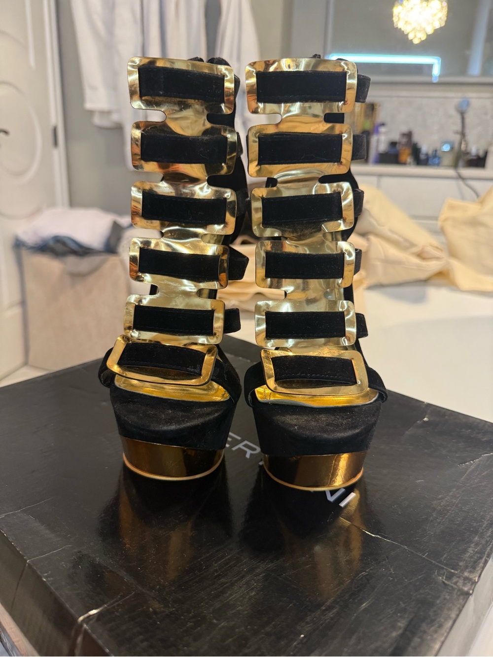 Black and Gold High-Stack Platform Heels with Metallic Accents
